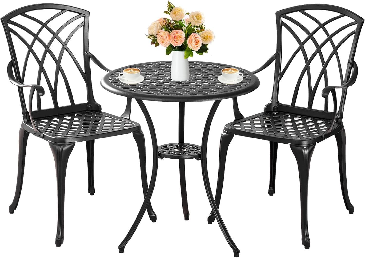 Outdoor Cast Aluminum Bistro Set 3 Piece Table And 2 Chairs Black