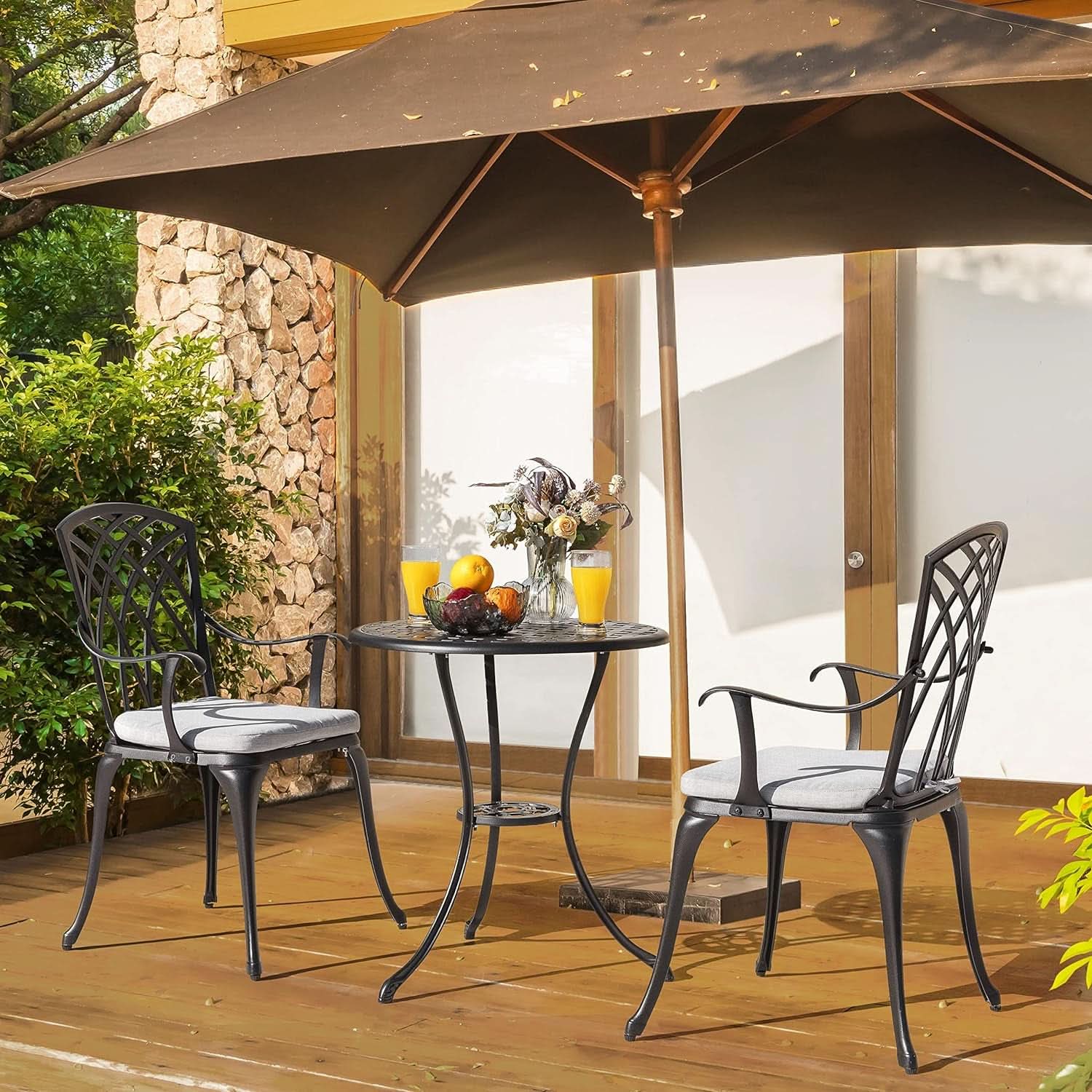 Outdoor Cast Aluminum Bistro Set 3 Piece With Umbrella Hole Gray Cushions