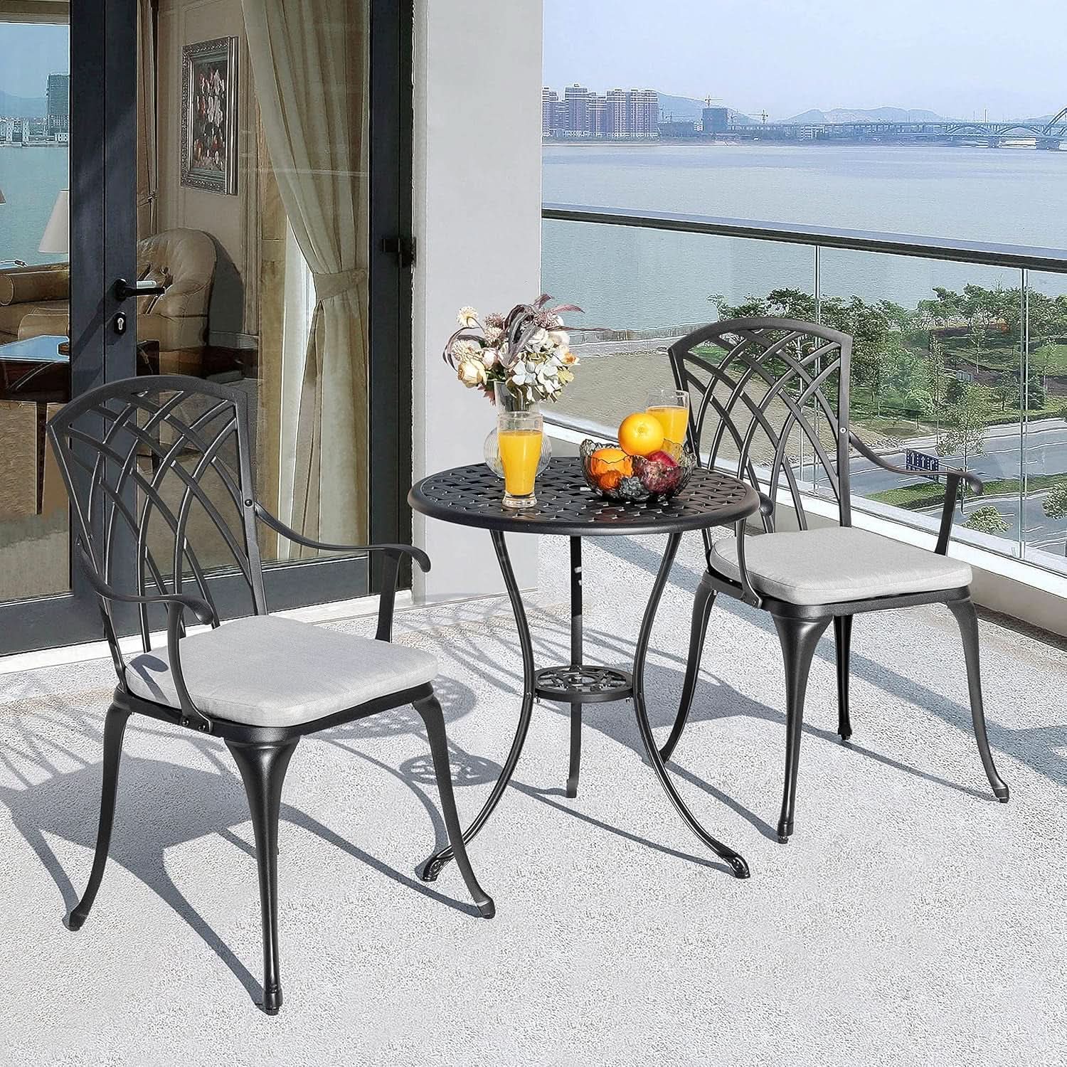 Outdoor Cast Aluminum Bistro Set 3 Piece With Umbrella Hole Gray Cushions
