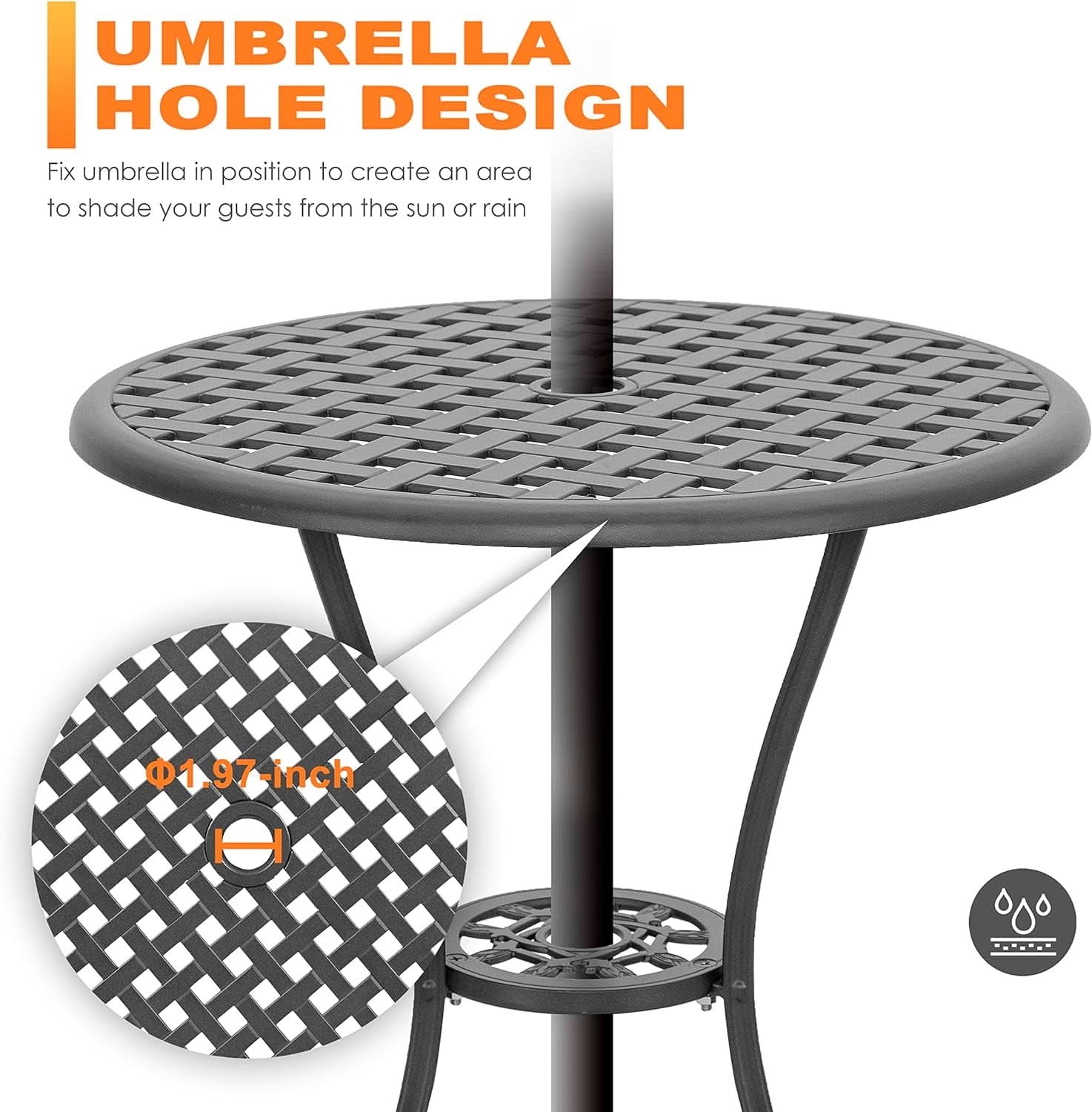 Outdoor Cast Aluminum Bistro Set 3 Piece With Umbrella Hole Gray Cushions