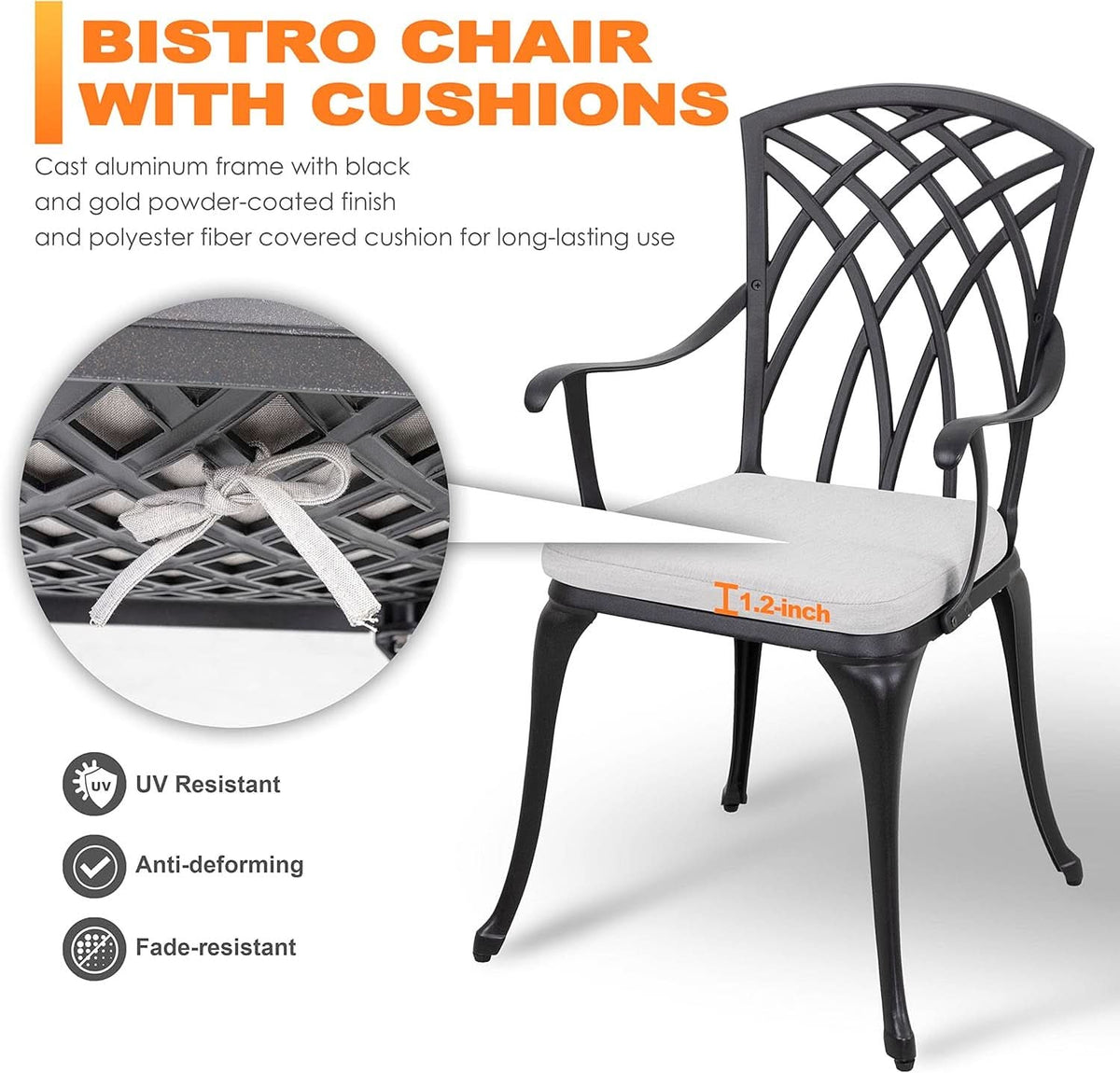 Outdoor Cast Aluminum Bistro Set 3 Piece With Umbrella Hole Gray Cushions