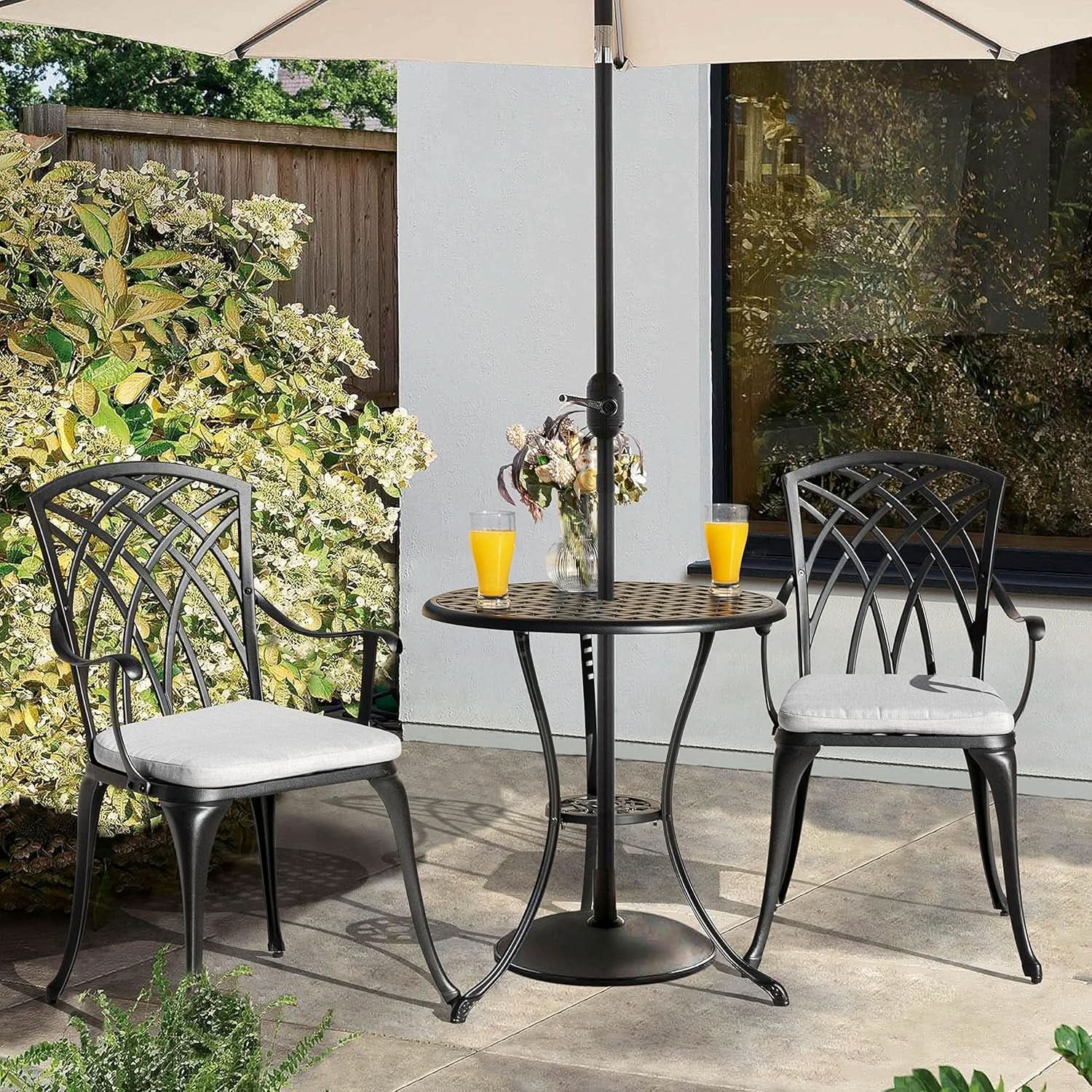 Outdoor Cast Aluminum Bistro Set 3 Piece With Umbrella Hole Gray Cushions