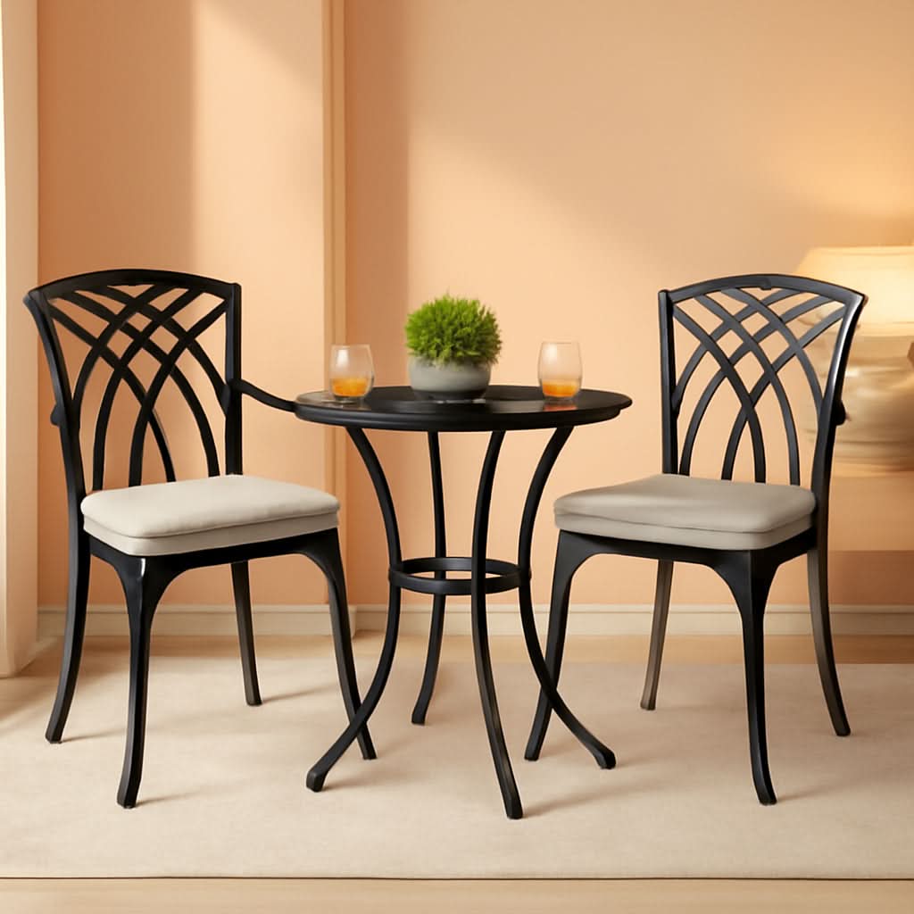 Outdoor Cast Aluminum Bistro Set 3 Piece With Umbrella Hole Gray Cushions