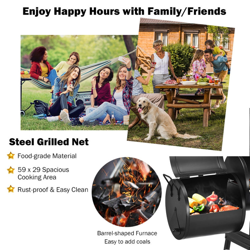 Outdoor Charcoal Barrel Grill With Thermometer And Wheels