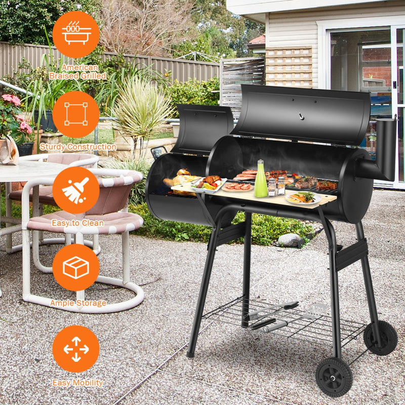 Outdoor Charcoal Barrel Grill With Thermometer And Wheels