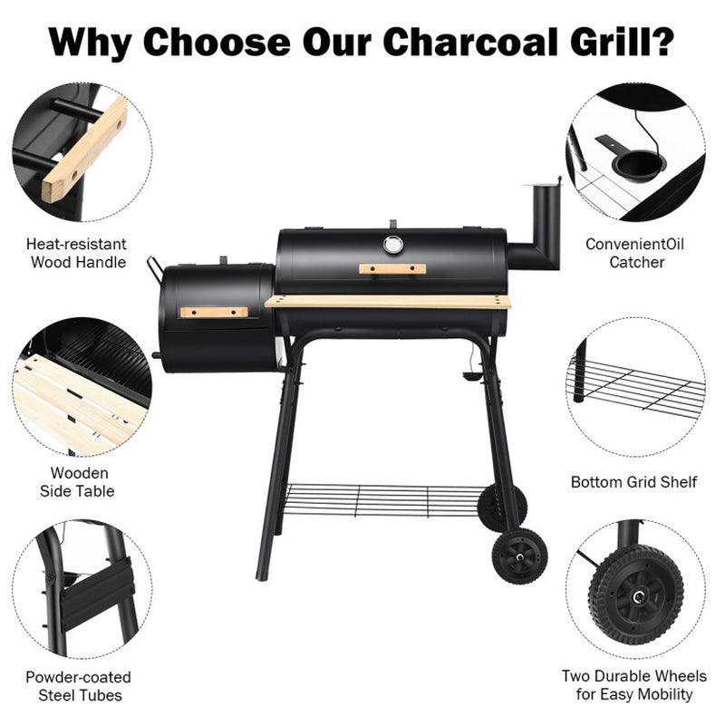 Outdoor Charcoal Barrel Grill With Thermometer And Wheels