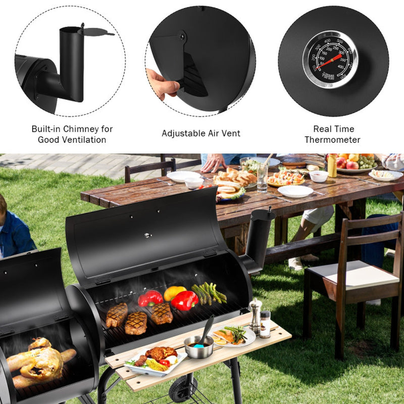 Outdoor Charcoal Barrel Grill With Thermometer And Wheels