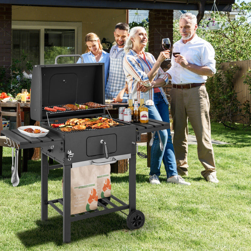 Outdoor Charcoal Grill With Foldable Side Tables And Wheels