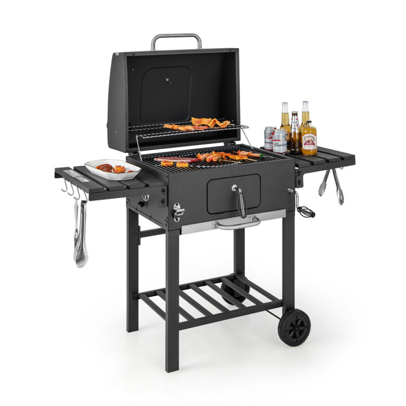 Outdoor Charcoal Grill With Foldable Side Tables And Wheels