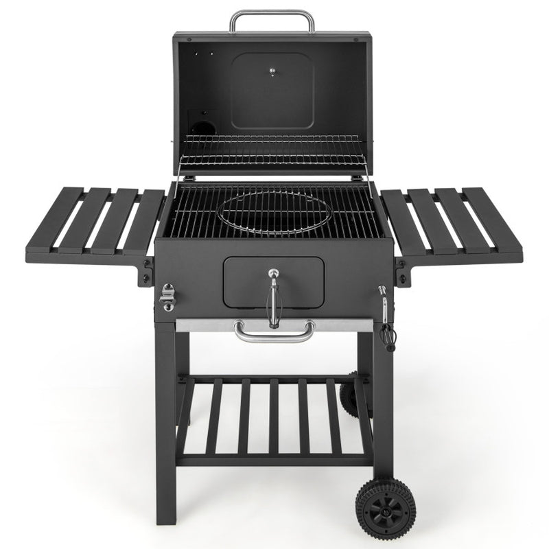 Outdoor Charcoal Grill With Foldable Side Tables And Wheels