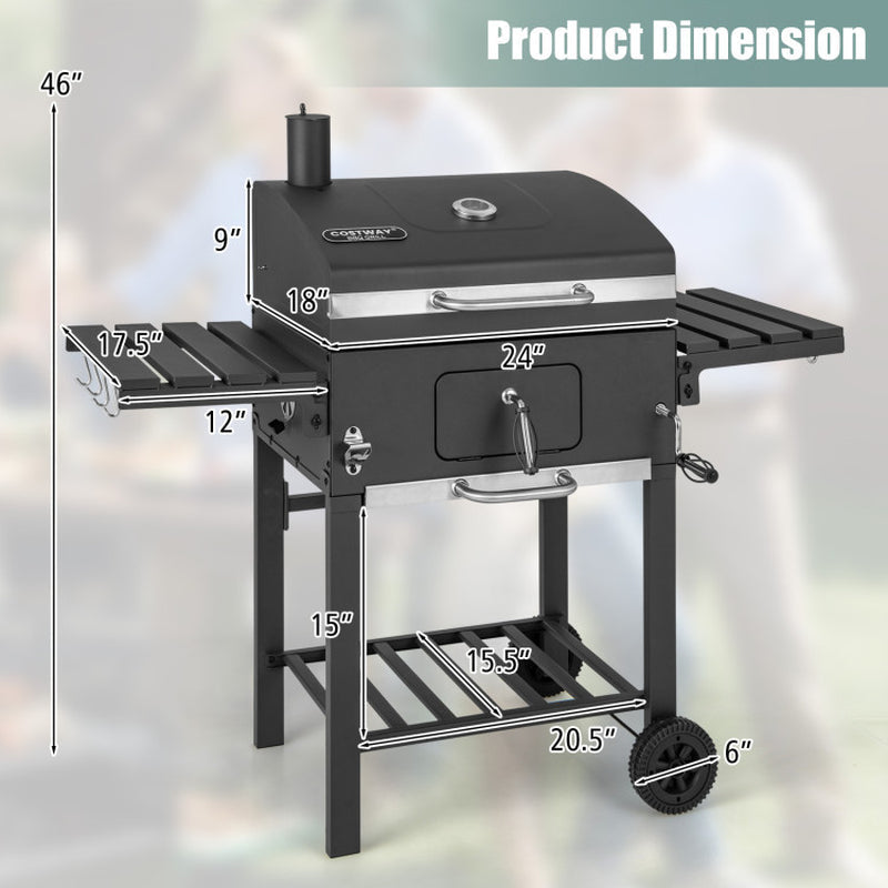 Outdoor Charcoal Grill With Foldable Side Tables And Wheels