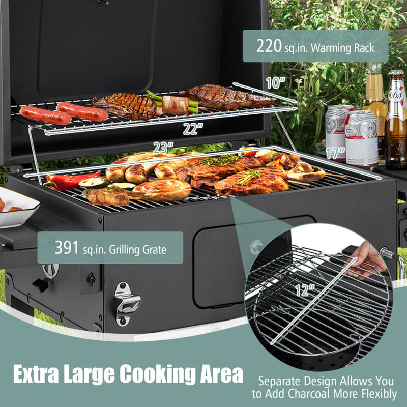 Outdoor Charcoal Grill With Foldable Side Tables And Wheels