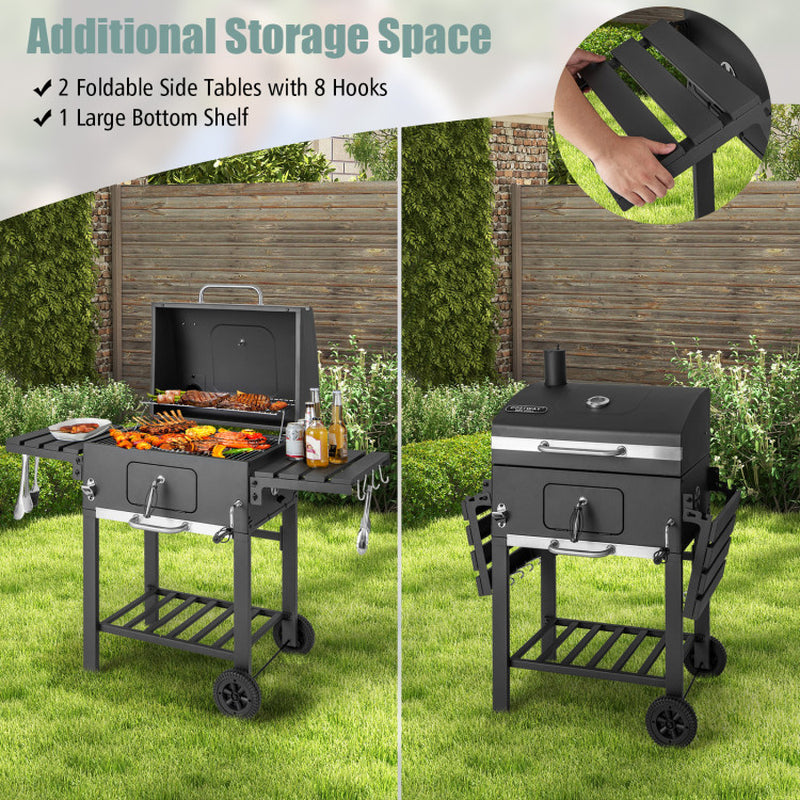 Outdoor Charcoal Grill With Foldable Side Tables And Wheels