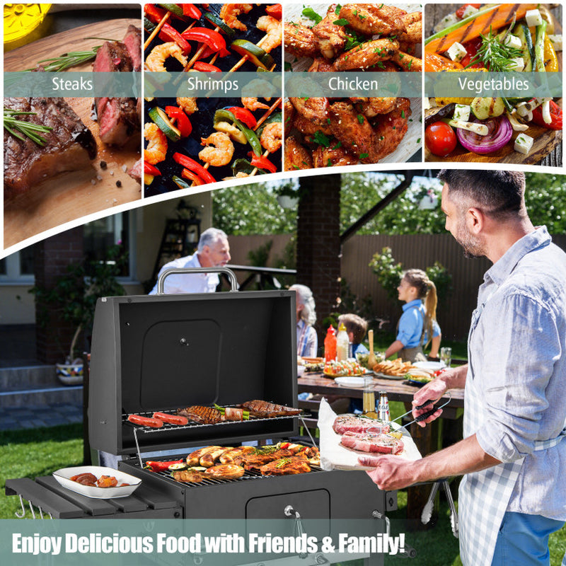 Outdoor Charcoal Grill With Foldable Side Tables And Wheels