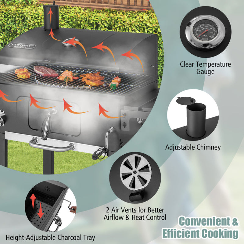 Outdoor Charcoal Grill With Foldable Side Tables And Wheels