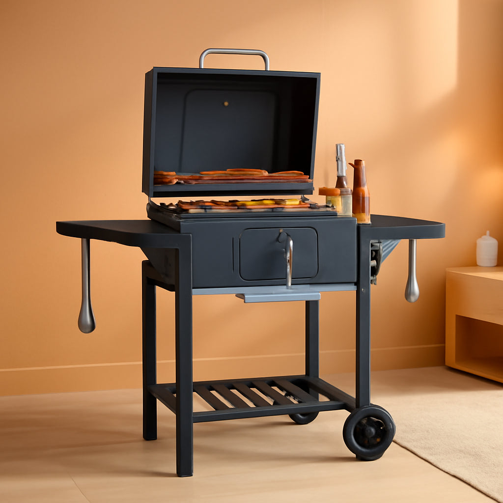 Outdoor Charcoal Grill With Foldable Side Tables And Wheels