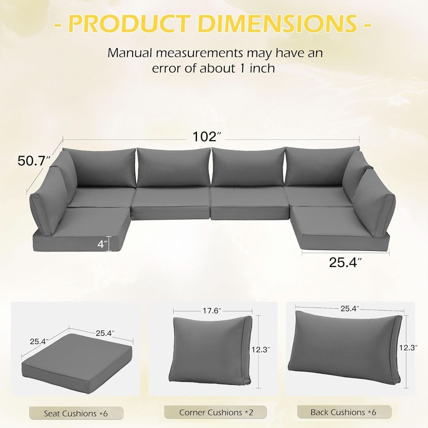 Outdoor Cushions 14 Piece Set Gray Water Repellent For 6 Seat Patio Sofa