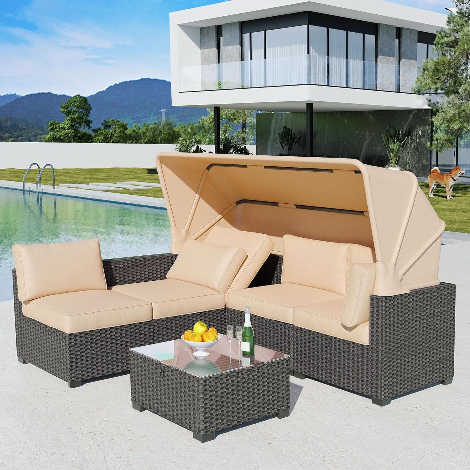 Outdoor Daybed With Canopy Adjustable Backrest 6 Piece Set