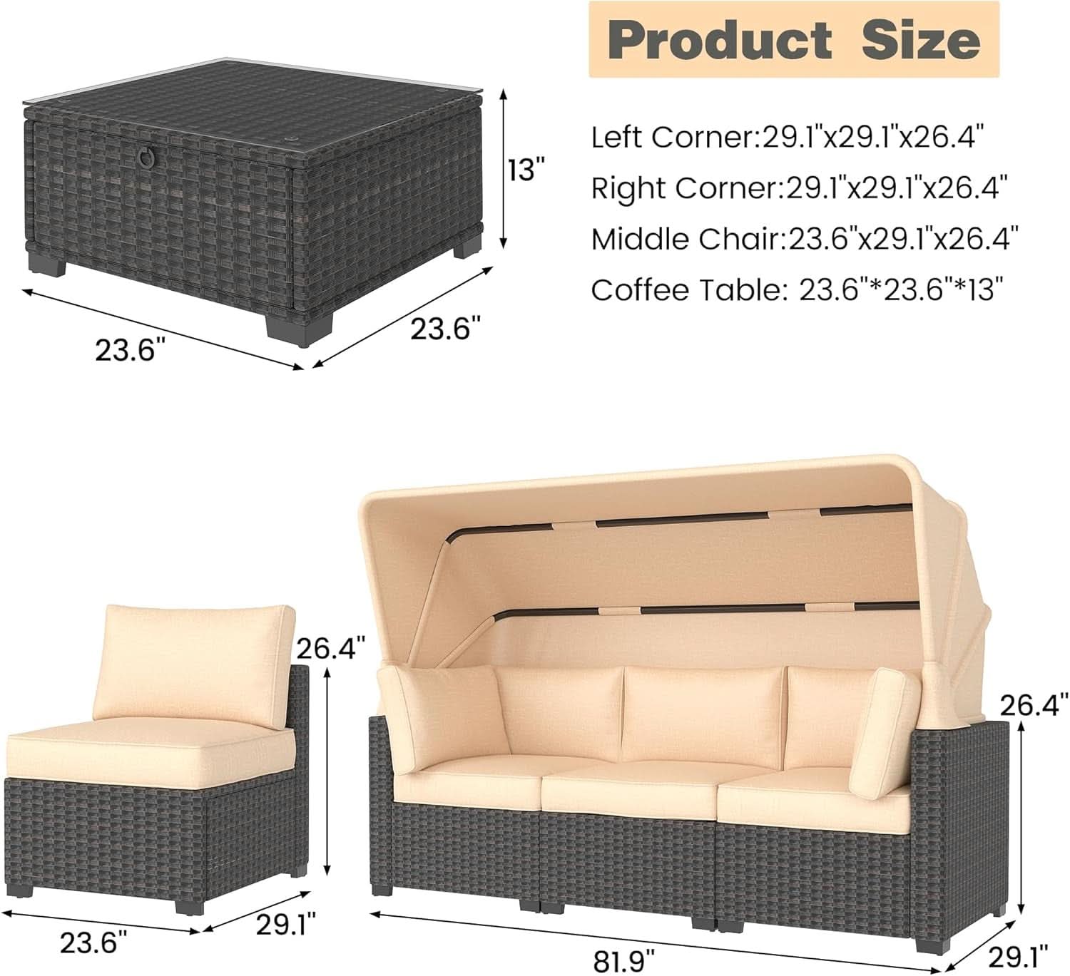 Outdoor Daybed With Canopy Adjustable Backrest 6 Piece Set