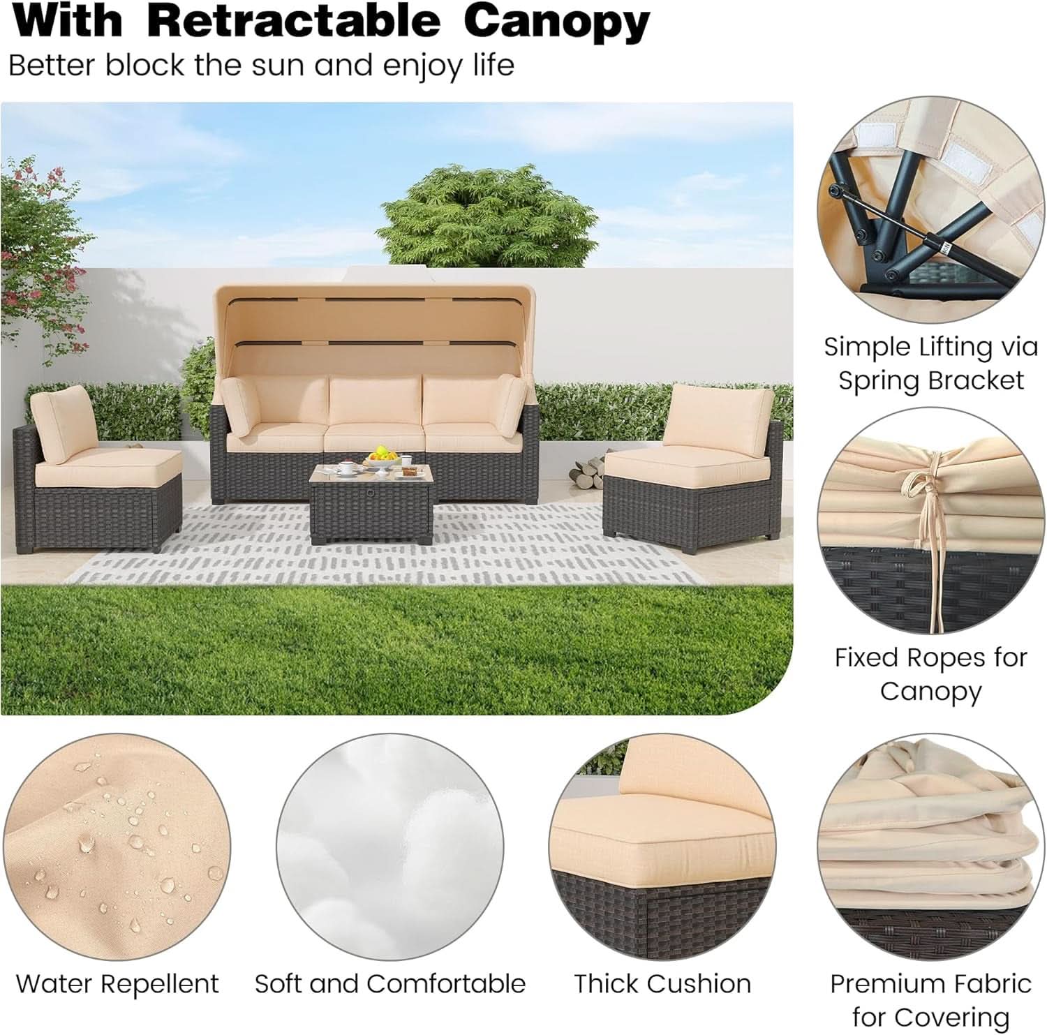 Outdoor Daybed With Canopy Adjustable Backrest 6 Piece Set