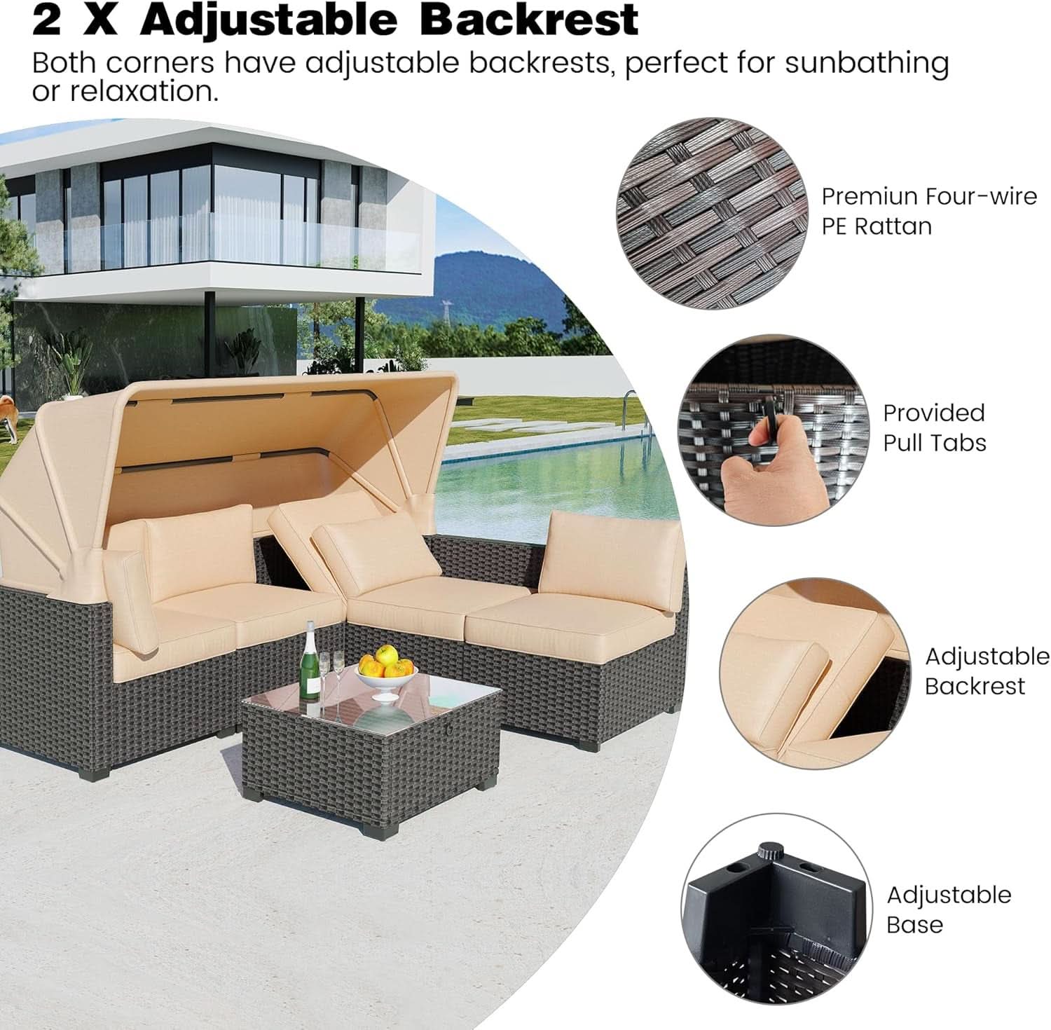 Outdoor Daybed With Canopy Adjustable Backrest 6 Piece Set