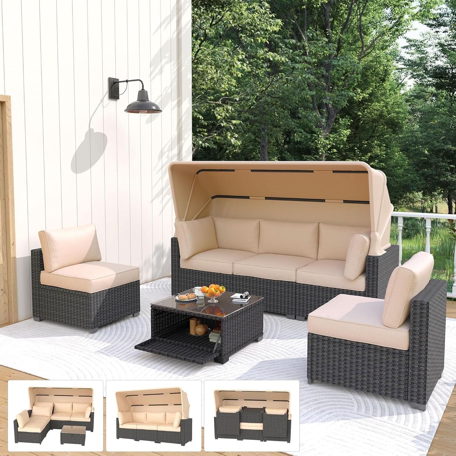 Outdoor Daybed With Canopy Adjustable Backrest 6 Piece Set