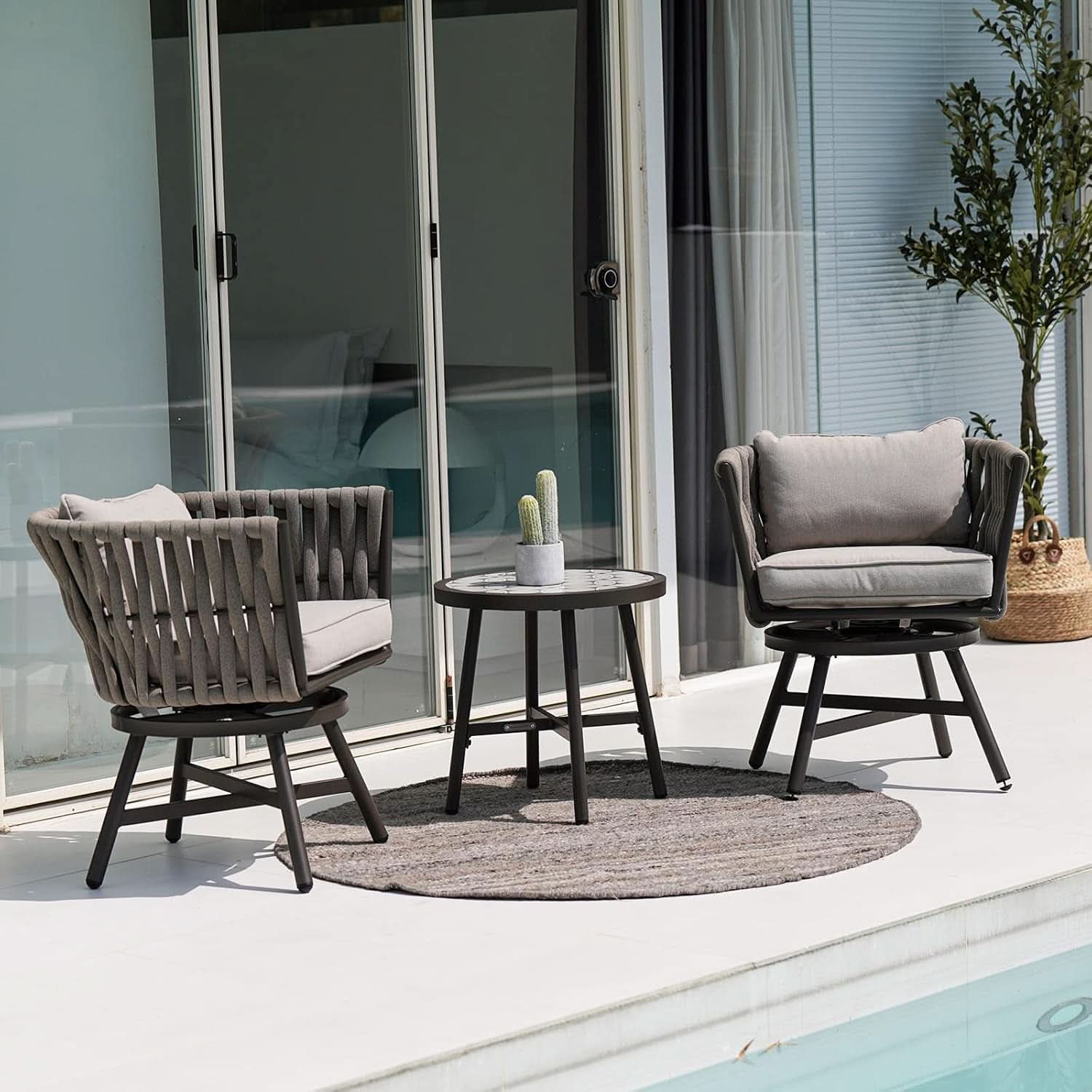 Outdoor Dining Chair Set of 3 Swivel Rope Armchairs Gray