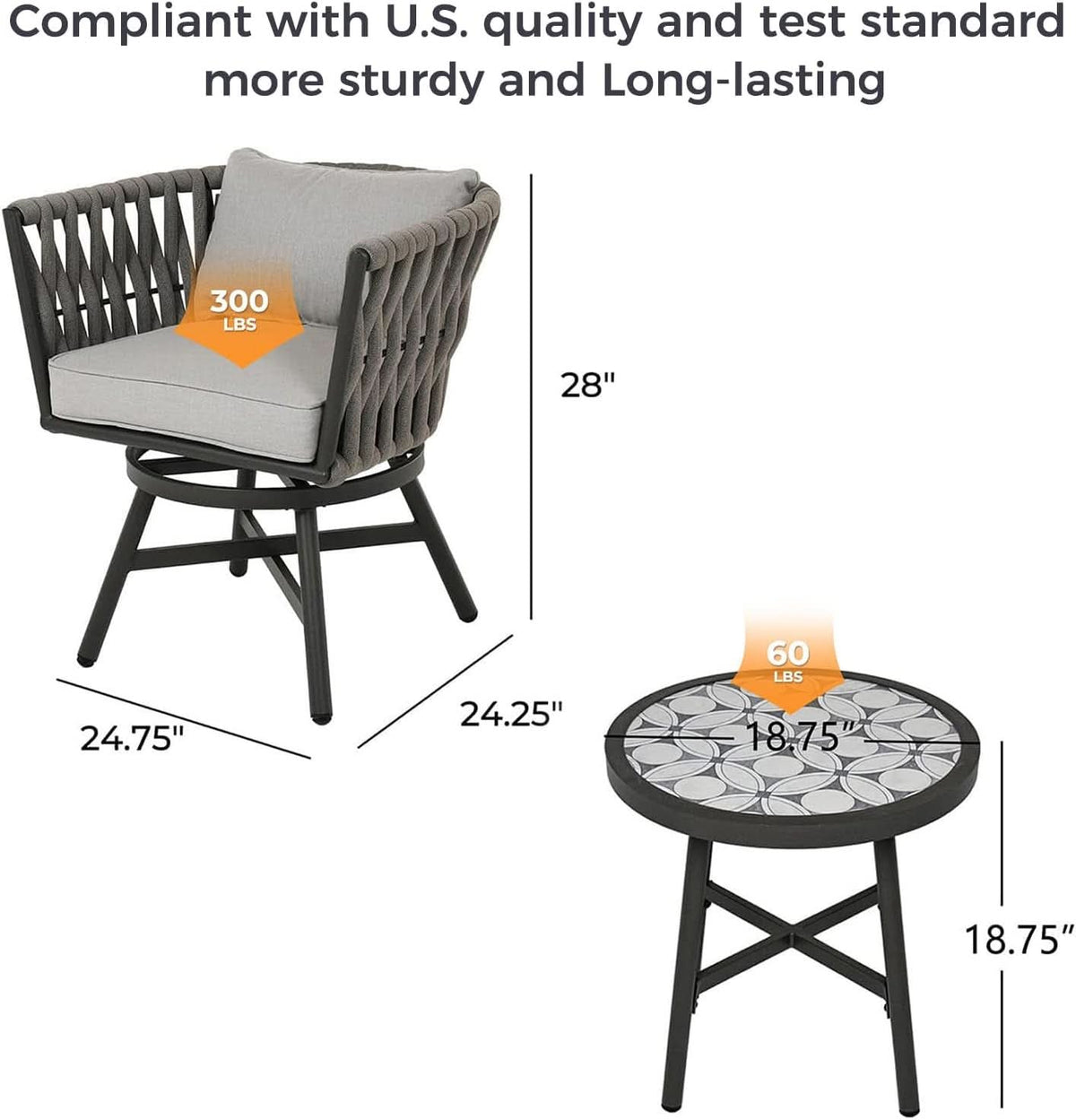 Outdoor Dining Chair Set of 3 Swivel Rope Armchairs Gray