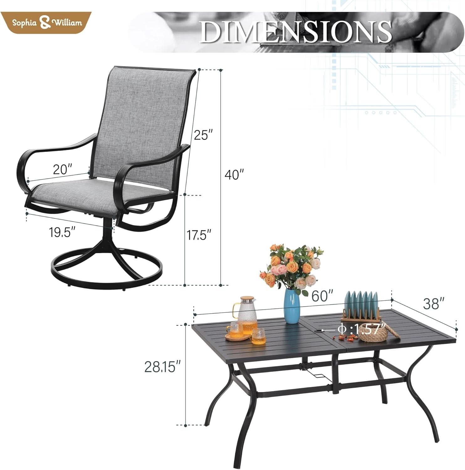 Outdoor Dining Set 60 Inch Table With Swivel Chairs