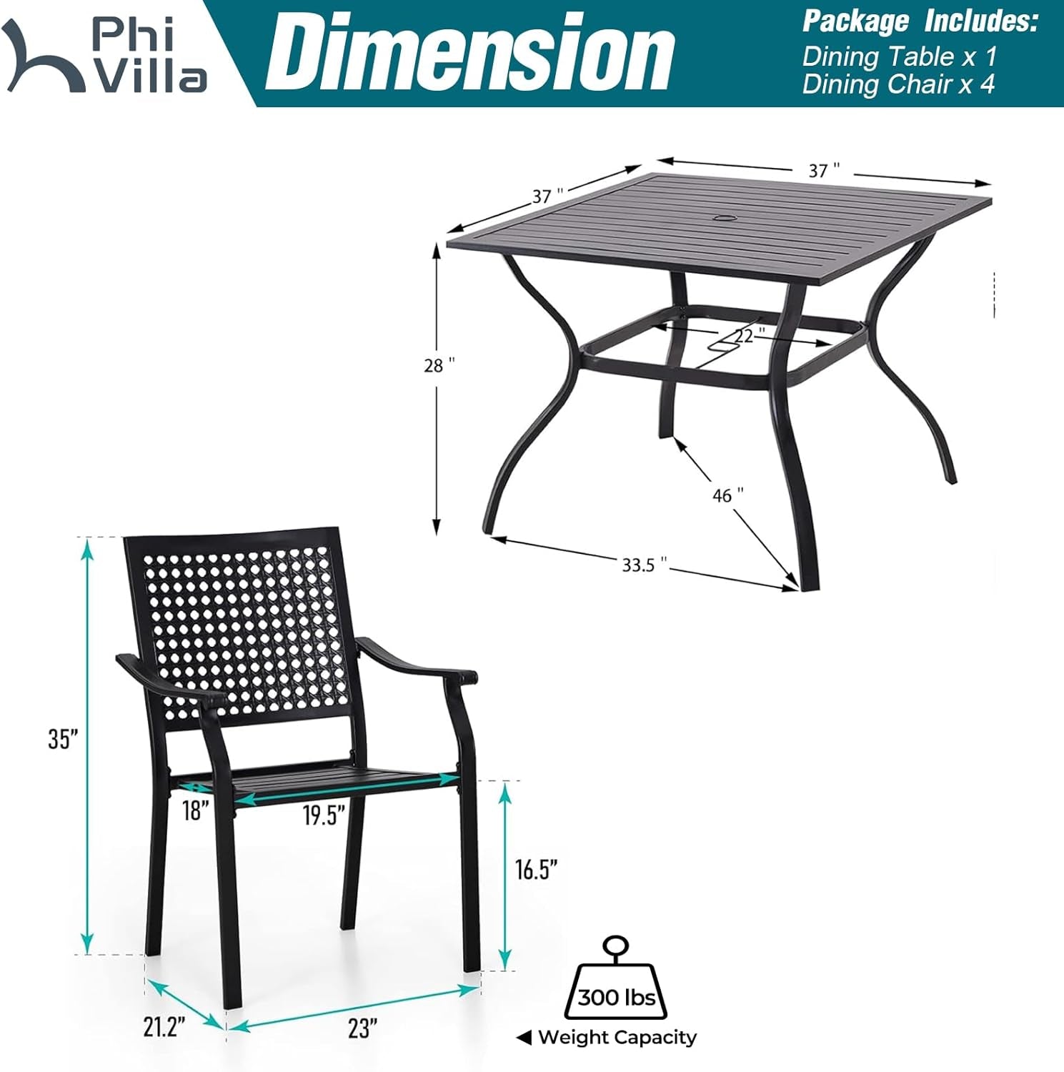 Outdoor Dining Set For 4 With Stackable Chairs And Square Table