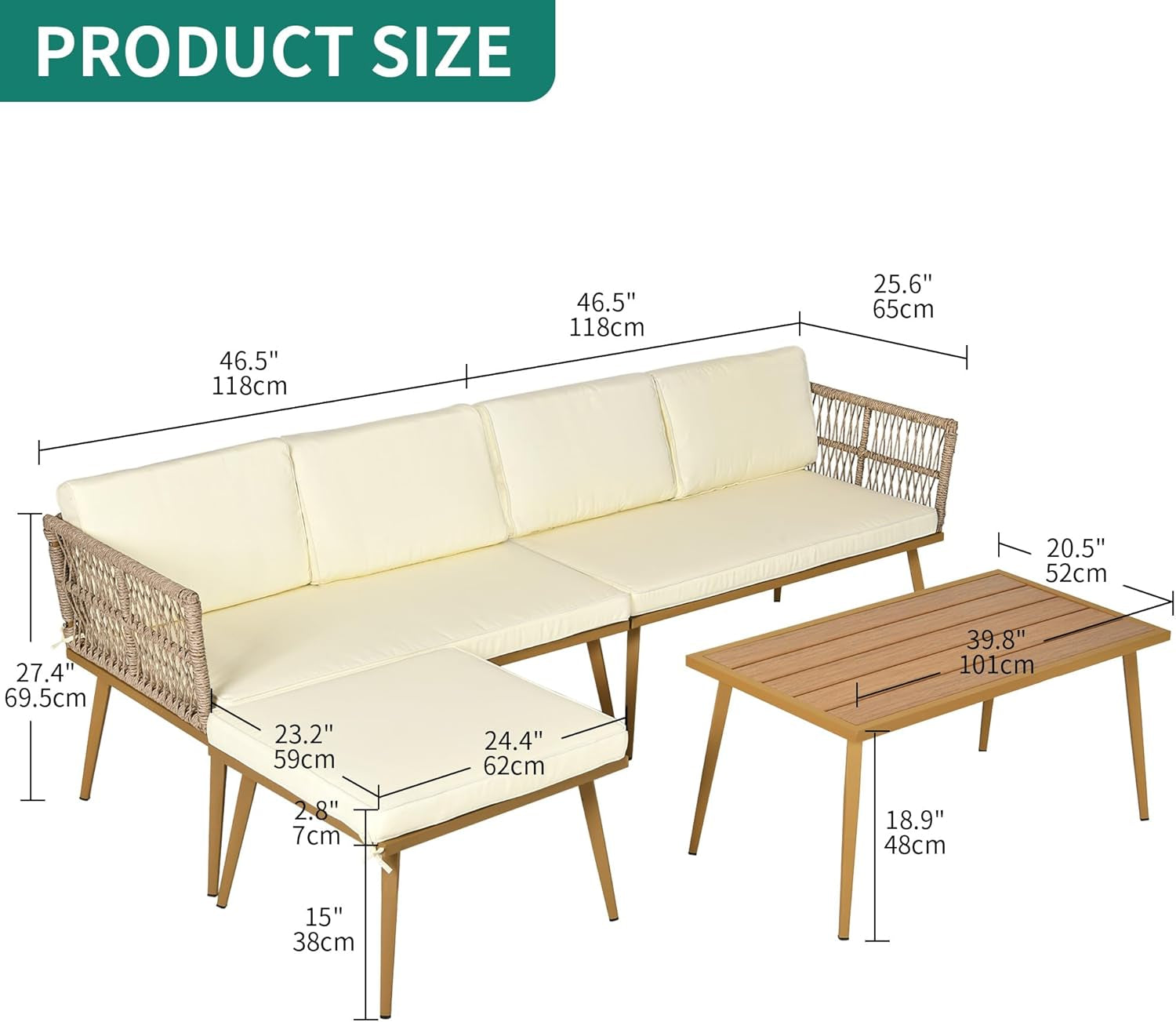 Outdoor Four Piece Patio Furniture Set With L Shaped Beige Rattan Sofa