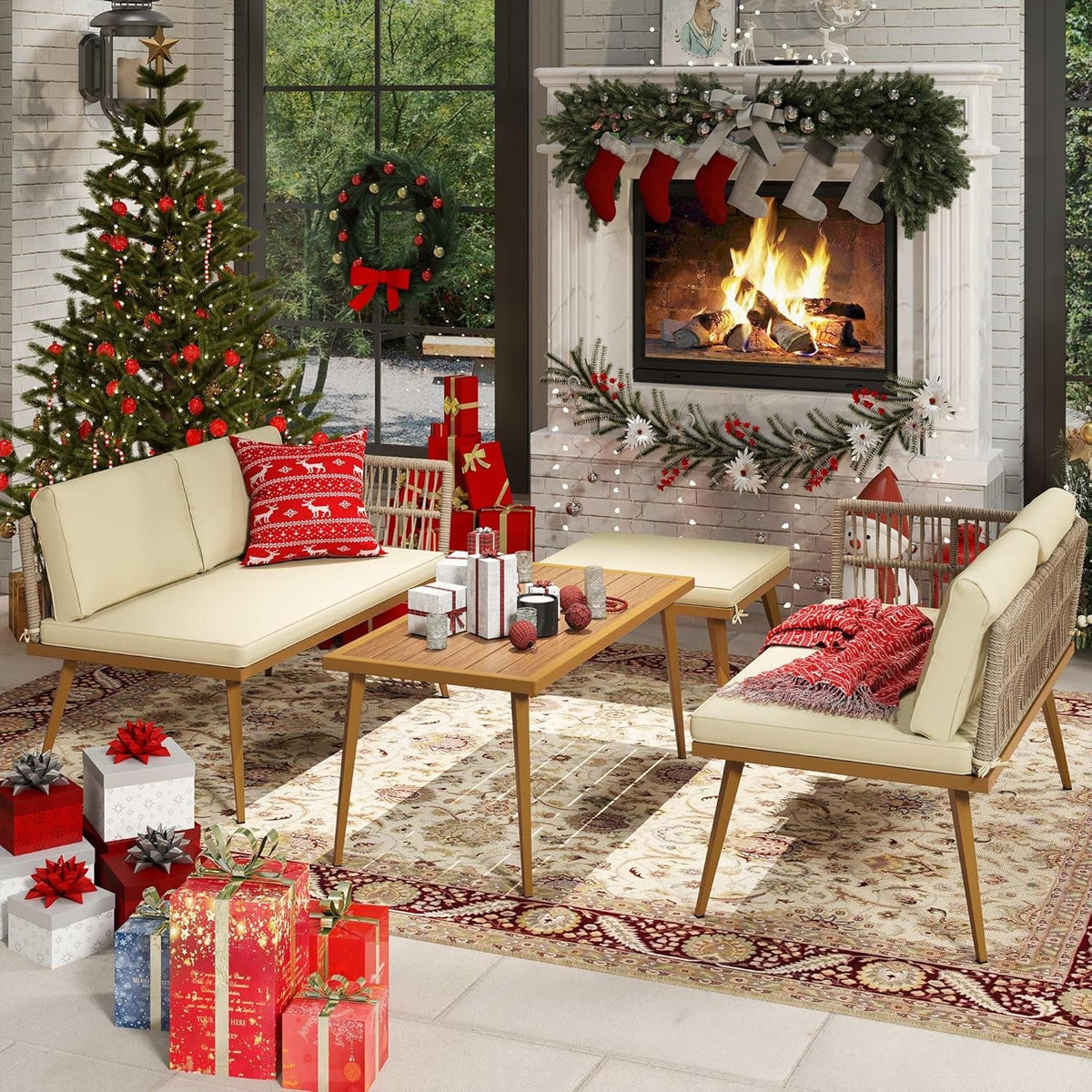 Outdoor Four Piece Patio Furniture Set With L Shaped Beige Rattan Sofa