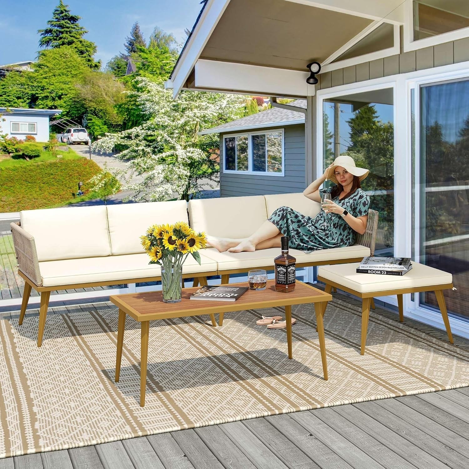 Outdoor Four Piece Patio Furniture Set With L Shaped Beige Rattan Sofa