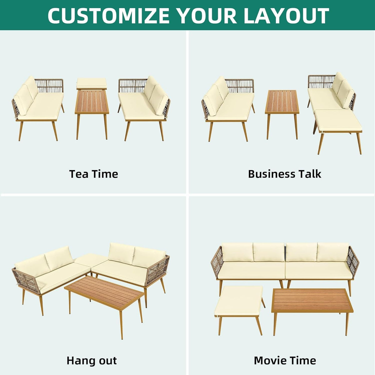 Outdoor Four Piece Patio Furniture Set With L Shaped Beige Rattan Sofa