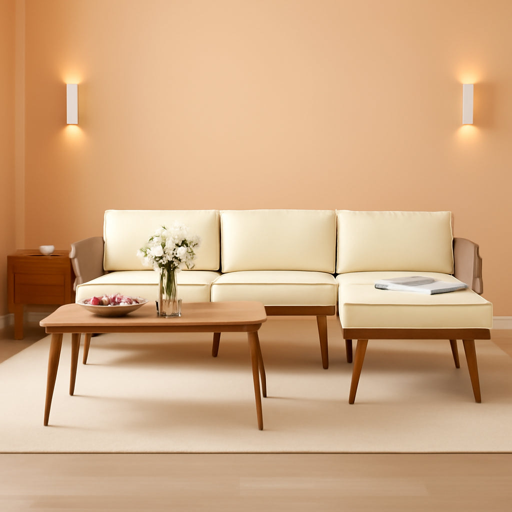 Outdoor Four Piece Patio Furniture Set With L Shaped Beige Rattan Sofa