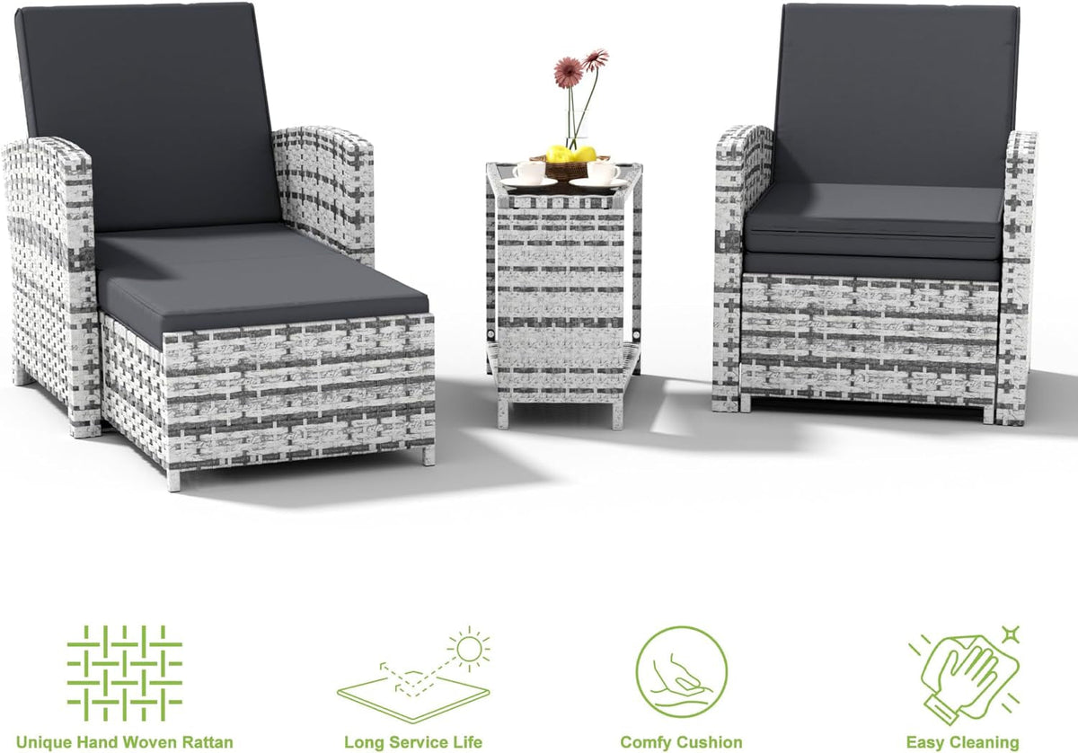 Outdoor Furniture Set Grey Wicker Chairs Nesting Ottomans