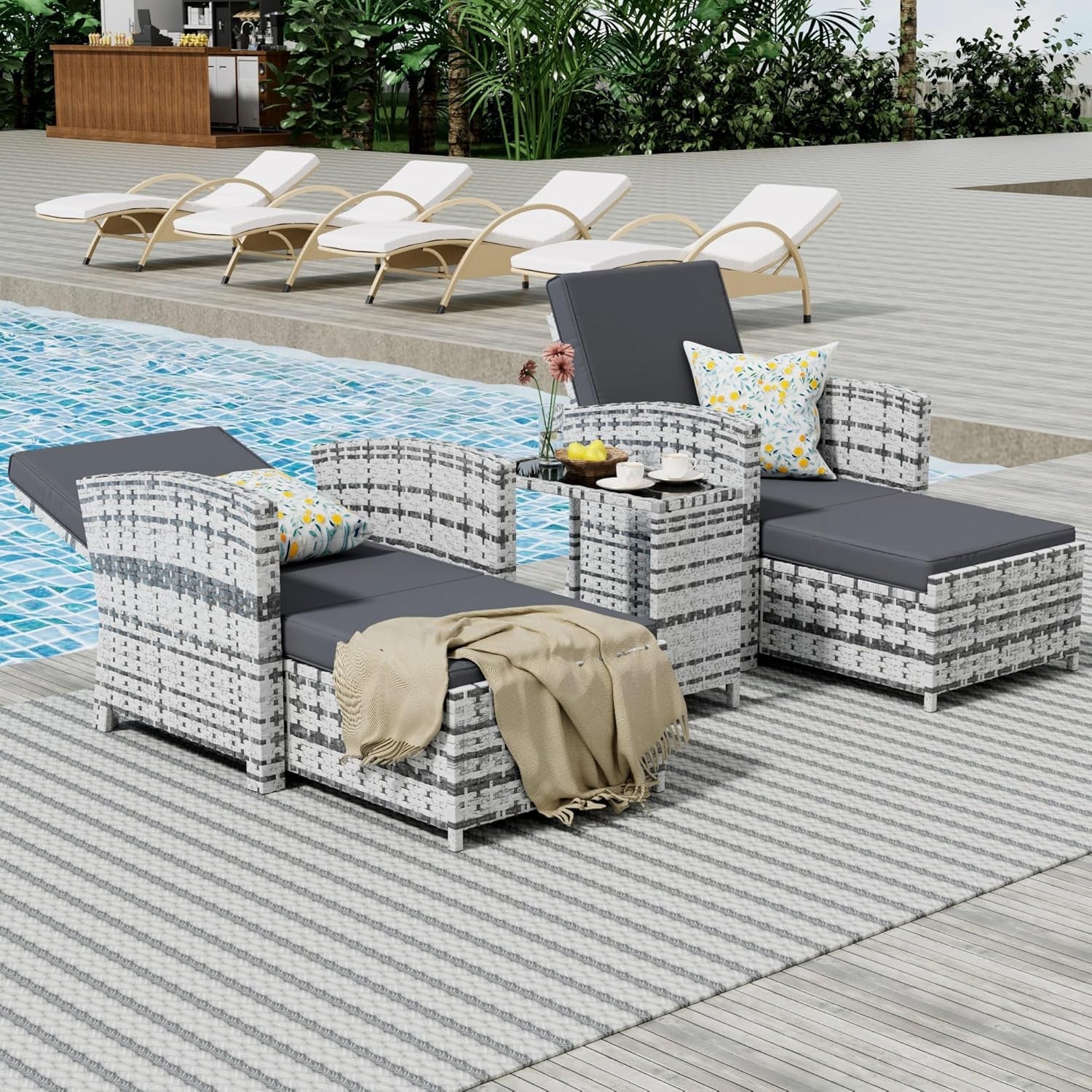 Outdoor Furniture Set Grey Wicker Chairs Nesting Ottomans