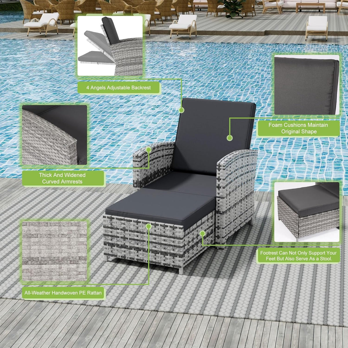 Outdoor Furniture Set Grey Wicker Chairs Nesting Ottomans