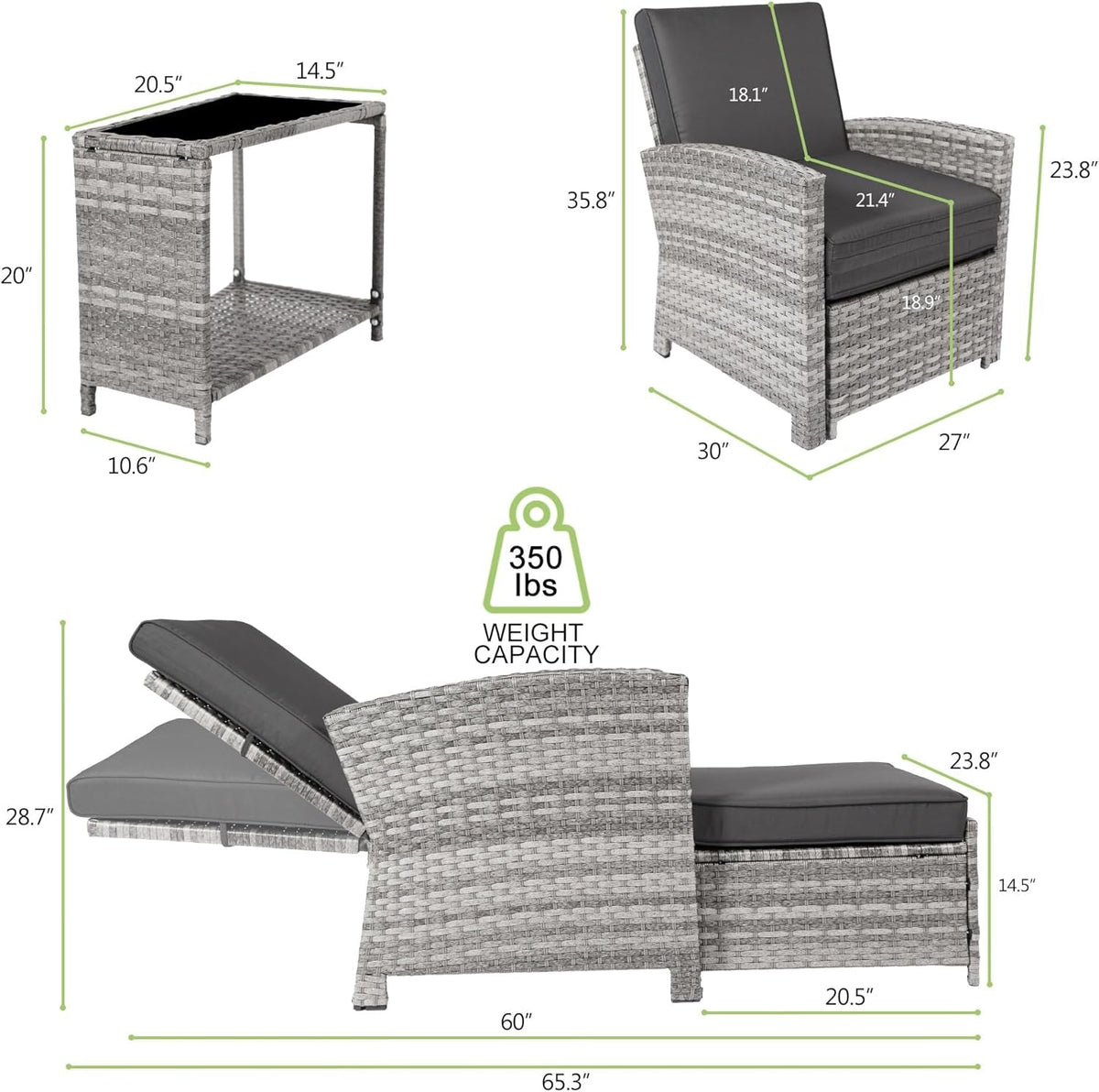 Outdoor Furniture Set Grey Wicker Chairs Nesting Ottomans