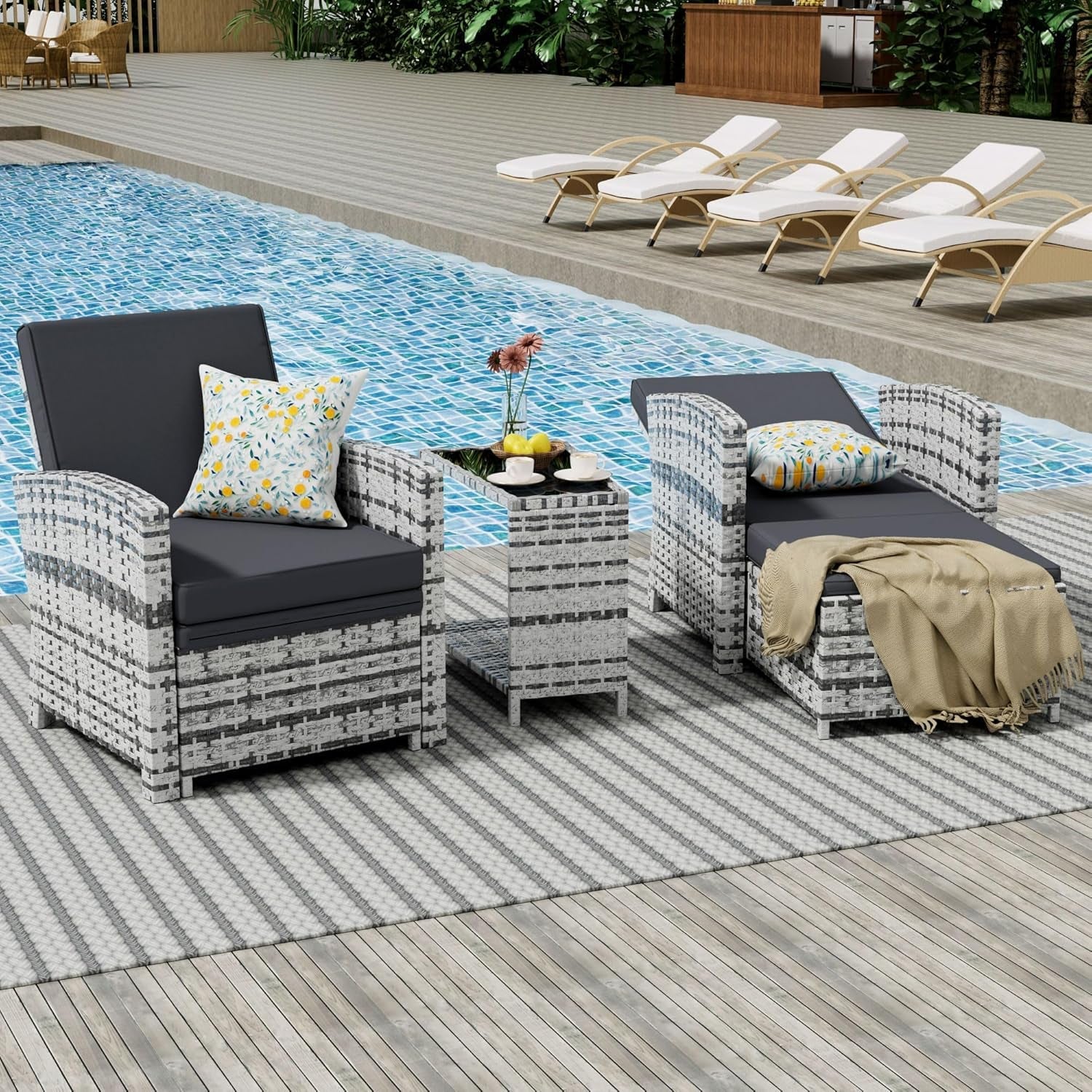 Outdoor Furniture Set Grey Wicker Chairs Nesting Ottomans