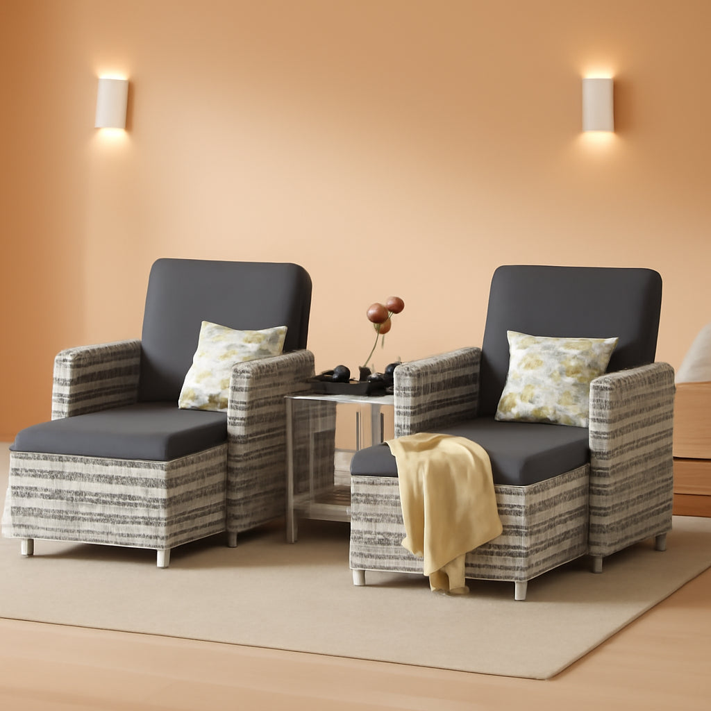 Outdoor Furniture Set Grey Wicker Chairs Nesting Ottomans