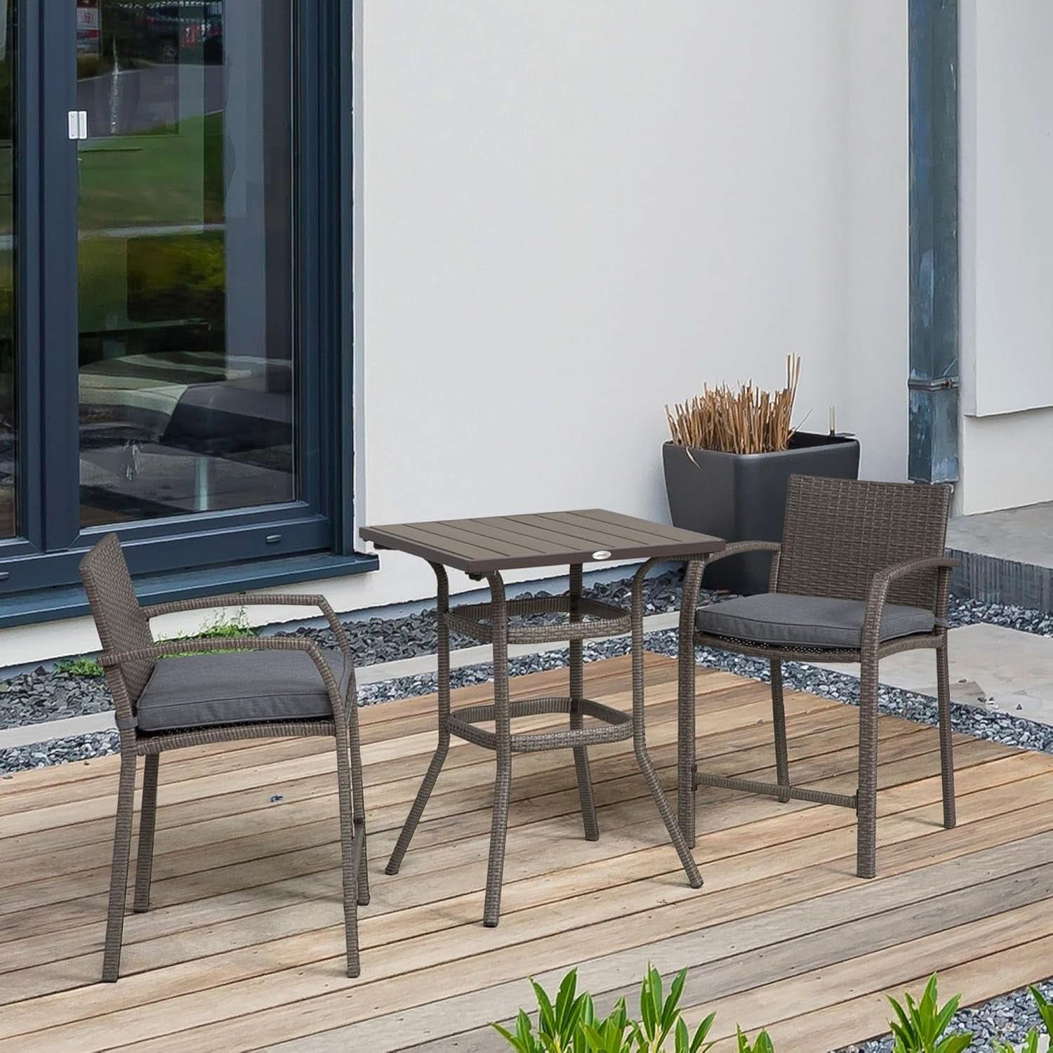 Outdoor Grey 3 Pc Rattan Wicker Bar Set With Wood Table