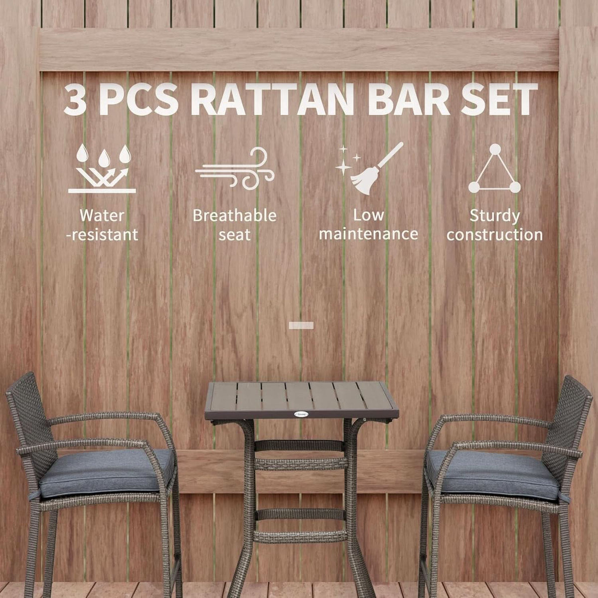 Outdoor Grey 3 Pc Rattan Wicker Bar Set With Wood Table