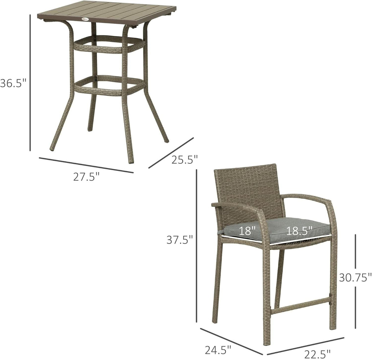 Outdoor Grey 3 Pc Rattan Wicker Bar Set With Wood Table