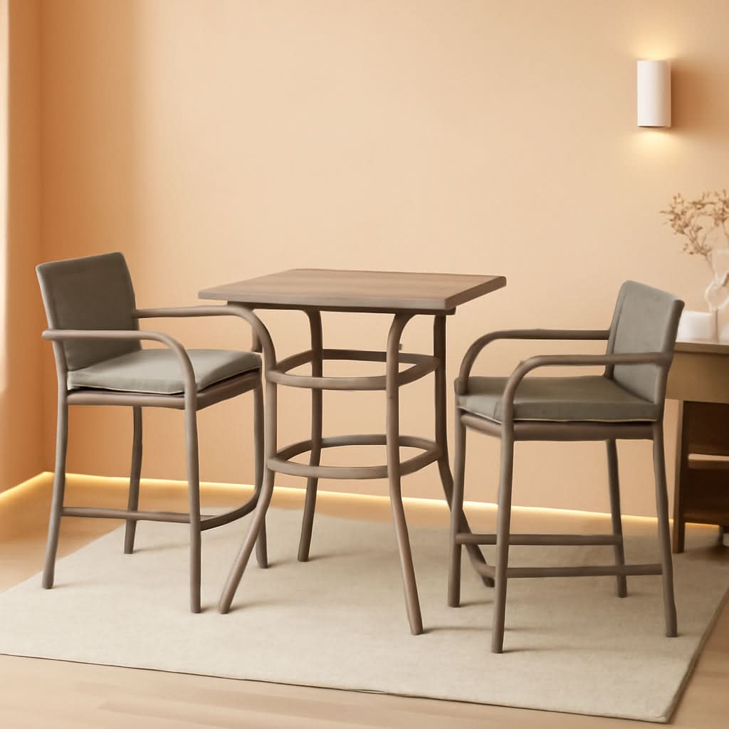 Outdoor Grey 3 Pc Rattan Wicker Bar Set With Wood Table