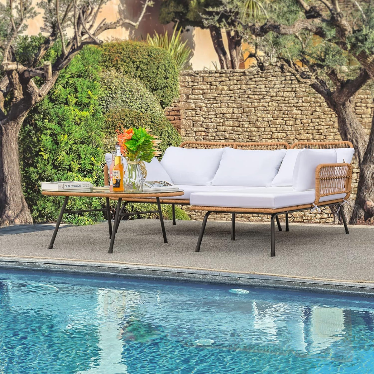 Outdoor L Shaped Patio Furniture Set White With Table