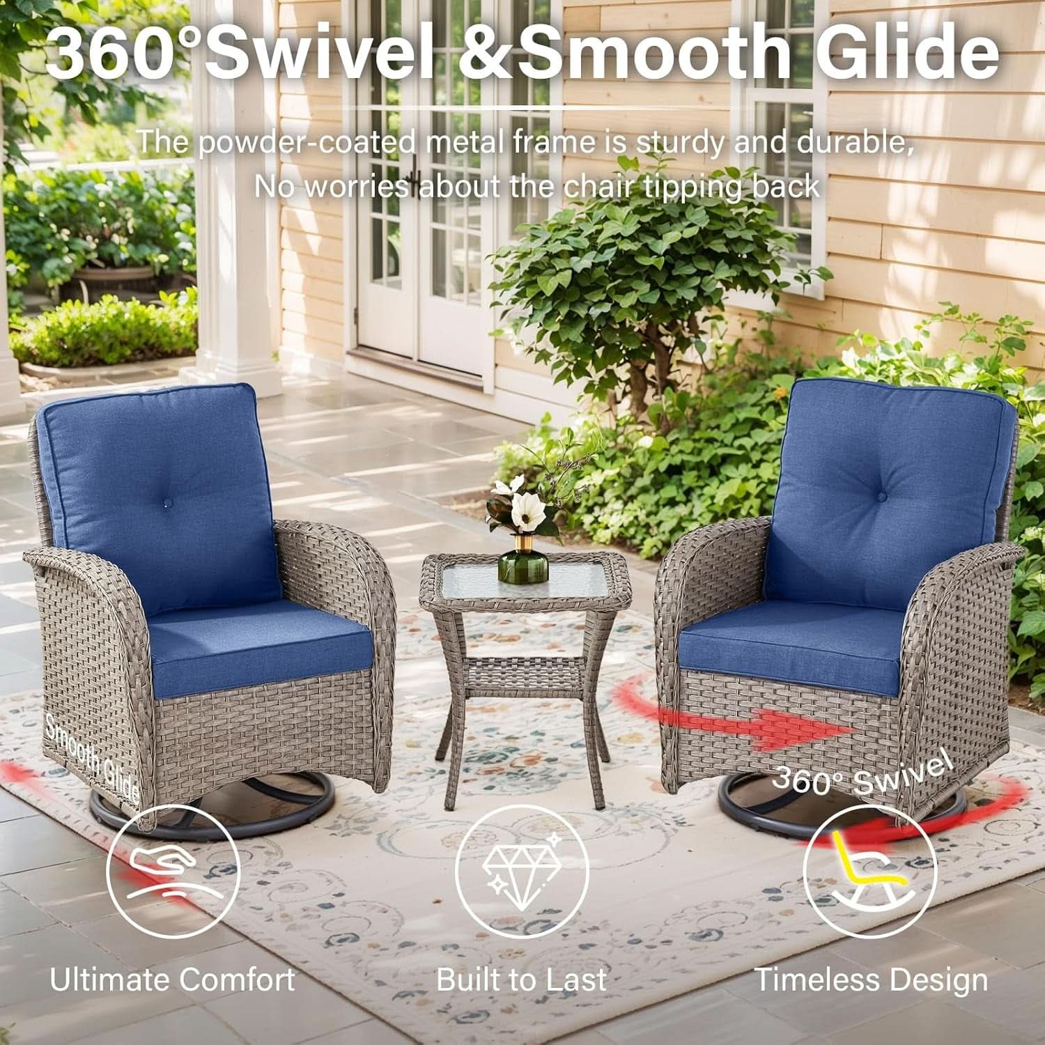Outdoor Natural Wicker Swivel Patio Chairs Set With Glass Top Side Table