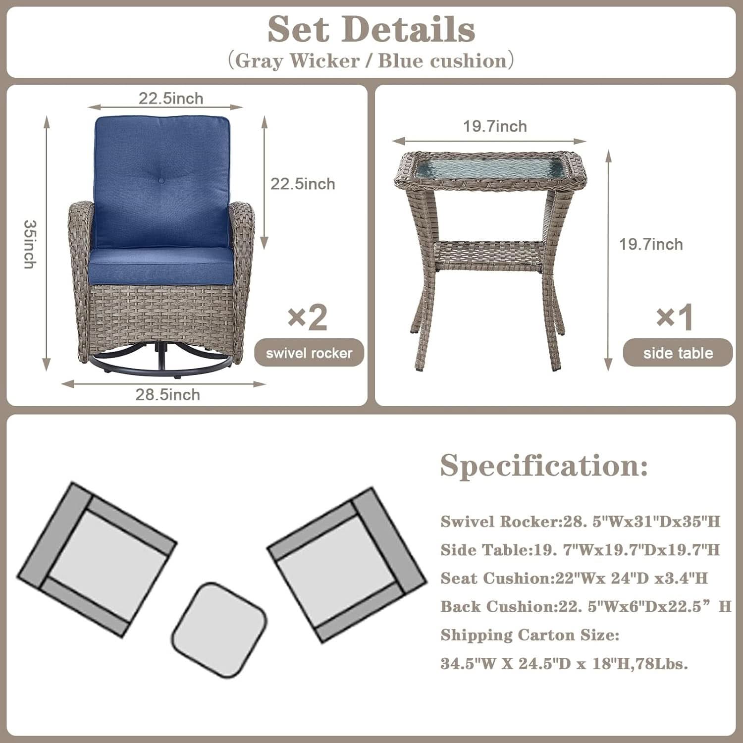 Outdoor Natural Wicker Swivel Patio Chairs Set With Glass Top Side Table