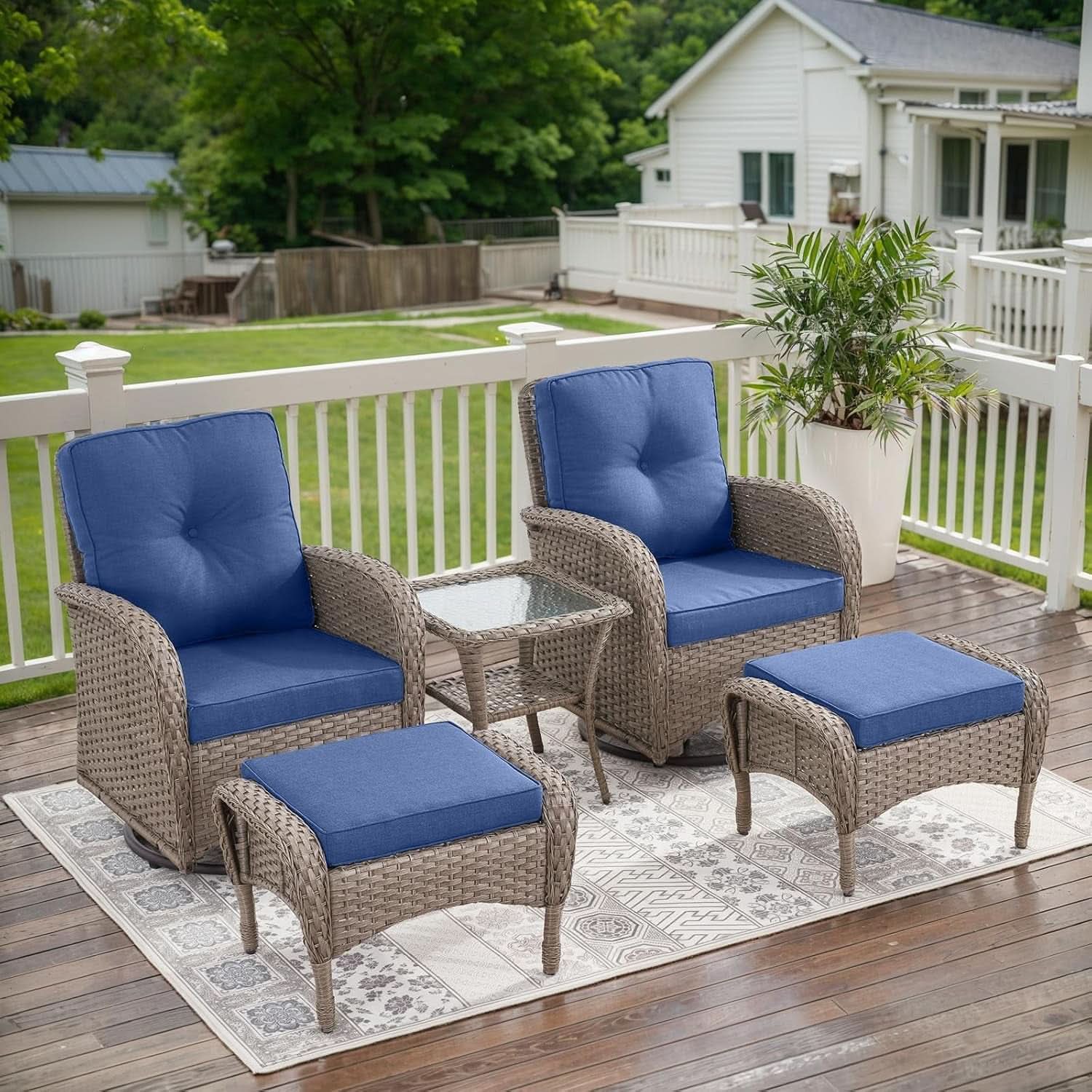 Outdoor Natural Wicker Swivel Patio Chairs Set With Glass Top Side Table