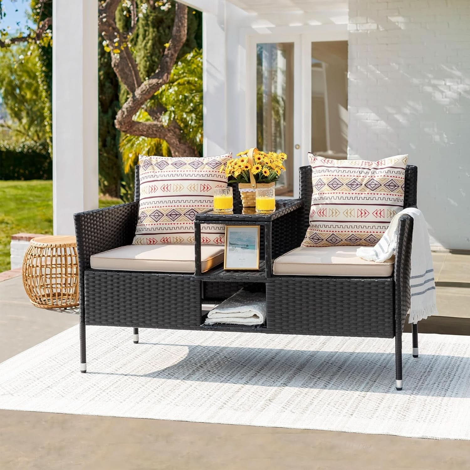 Outdoor Patio 2 Seat Loveseat Set With Built Table Beige